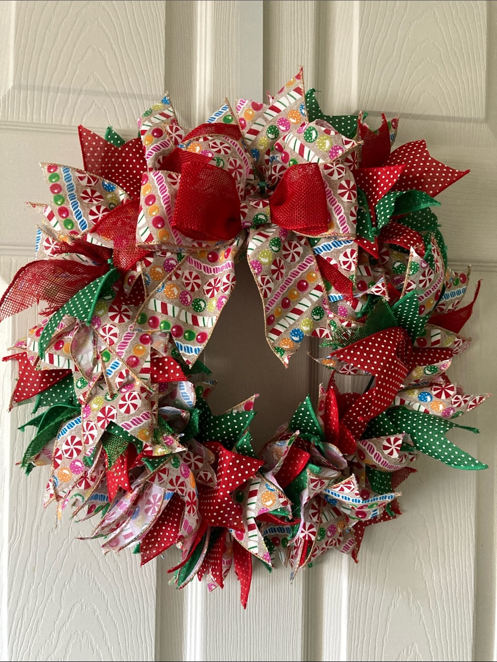 HANDMADE CHRISTMAS FARMHOUSE RIBBON RAG WREATH COTTAGECORE POLKA DOT RED GREEN